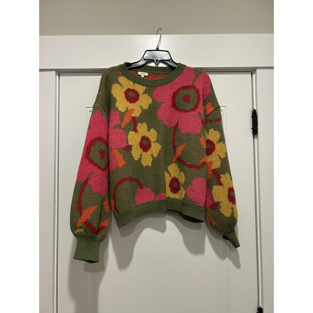 Voy Retro Green Floral Patterned Sweater Size Large Bohemian Whimsy Cozy Artsy